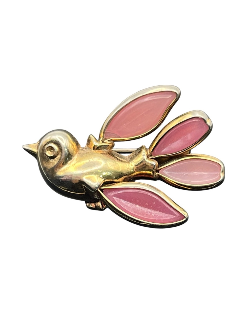 Gripoix pink feather gold tone bird vintage brooch pin